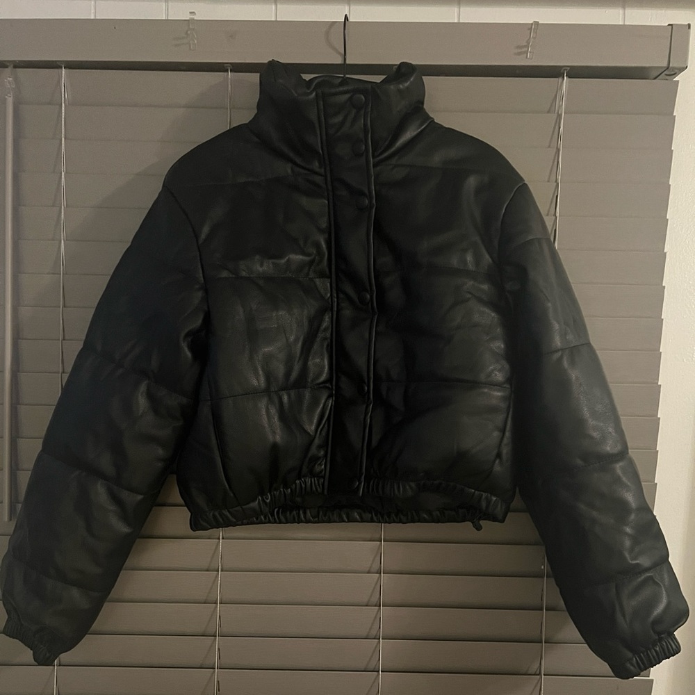 NWT Saints & Hearts Faux Leather/Zipper Down Puffer Jacket